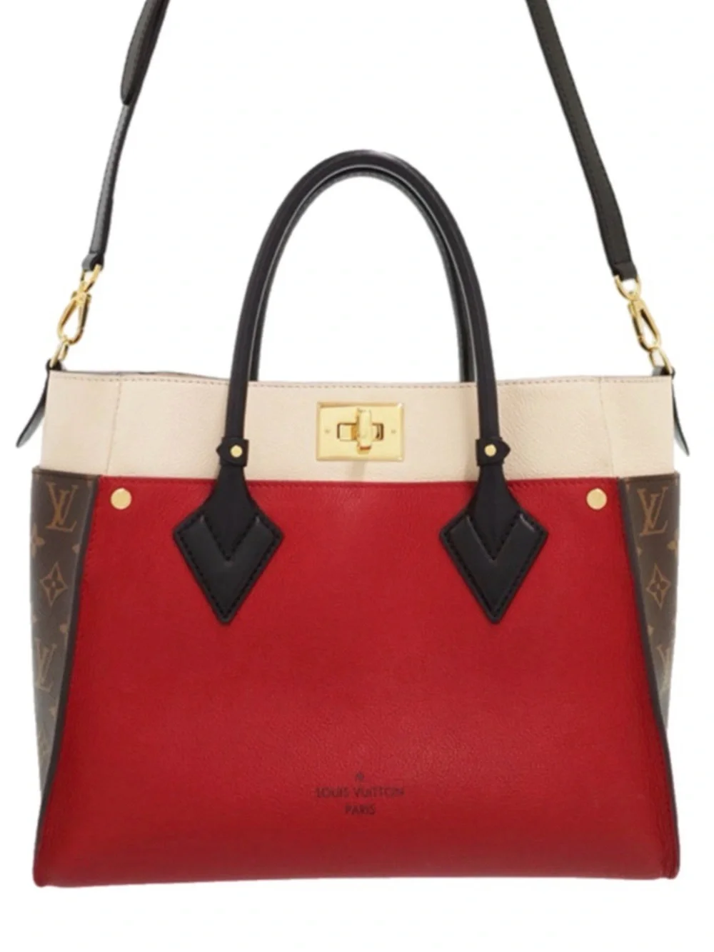 Authentic Louis Vuitton On My Side MM Red Calf Leather Monogram Tote Shoulder Ba